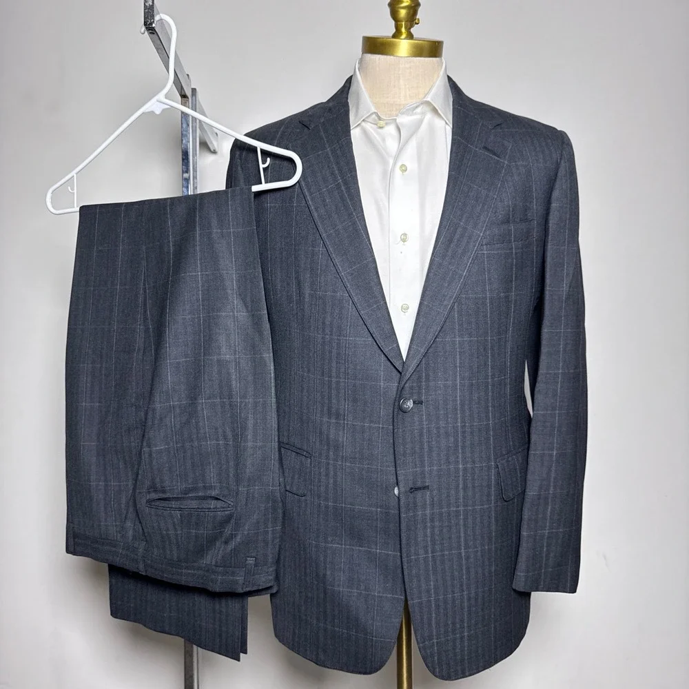 1980s Vintage Glenwick Suit Mens 40R 32x33 Charcoal Windowpane Wool 2-Piece